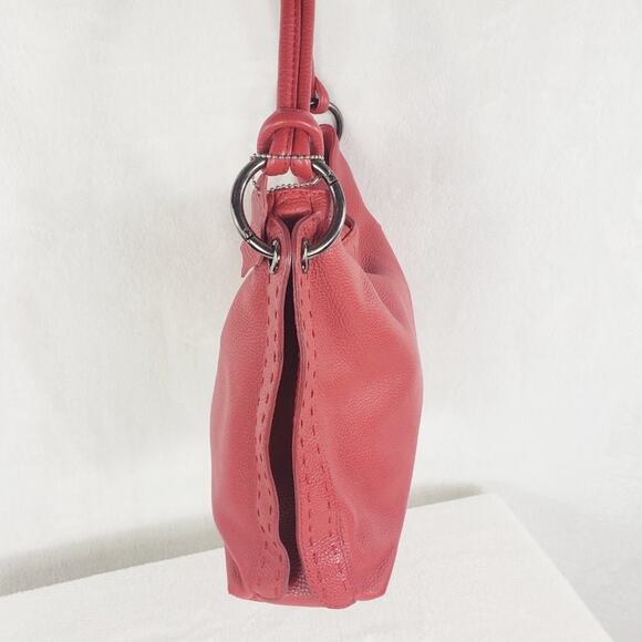 Vera Pelle Shoulder Bag Large Red Pebble Leather Purse with Ring Stitch Detail - Picture 6 of 11